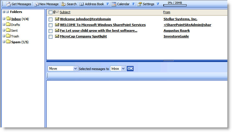 WebMail Instructions 2 - Main Screen Image